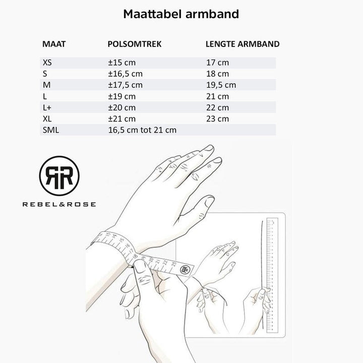 Maattabel voor de Rebel & Rose Winter Blues - 6mm - Kralen Armband Dames, met tips om je pols op te meten met een meetlint of liniaal. De geïllustreerde handen en het Rebel & Rose logo geven de armband een stijlvolle, sierlijke touch.