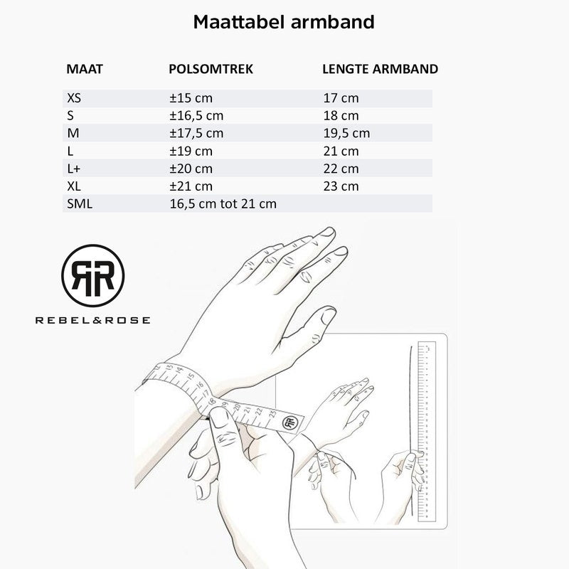 Nederlandse maattabel voor Rebel & Rose Spring Shine 6mm dames armband in 18 kt geelgoud geïoniseerd. Inclusief Indiase agaat, polsomtrek, armbandlengte (XS-XL) en maattabel met illustraties.