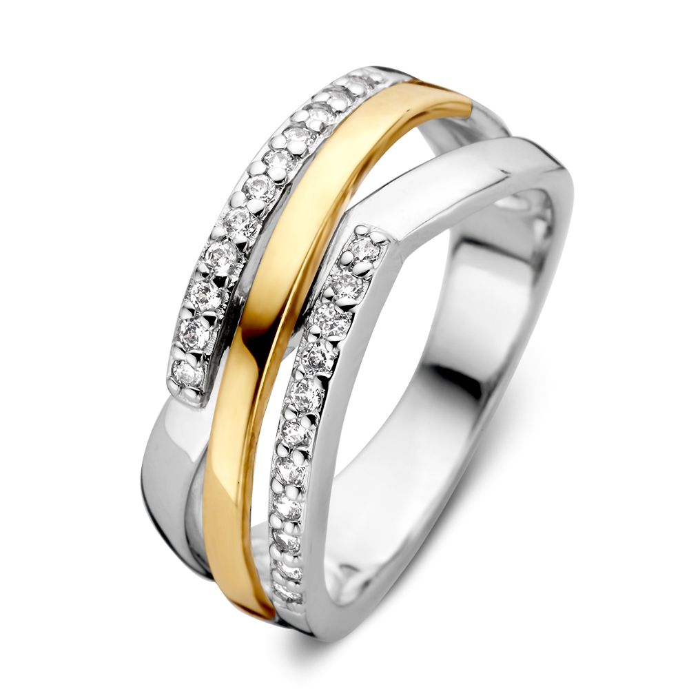 Damenring aus rhodiniertem Silber mit 14-karätigem Gelbgold und Zirkonia-Steinen