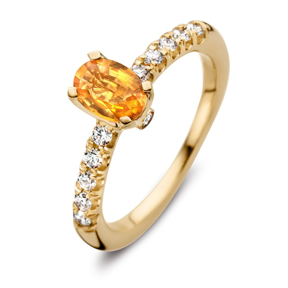 Ring aus 18K Gelbgold mit ovalem orangen Saphir und Brillanten, insgesamt 0,54 ct, Damenring