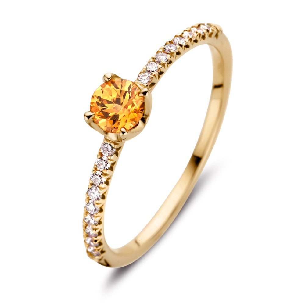 Ring aus 18 Karat Gelbgold mit orangefarbenem Saphir und 0,15 ct Diamanten entlang des Rings