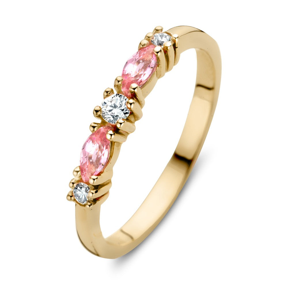 18kt gelbgoldener Ring mit drei Brillanten und zwei marquiseförmigen rosa Saphiren