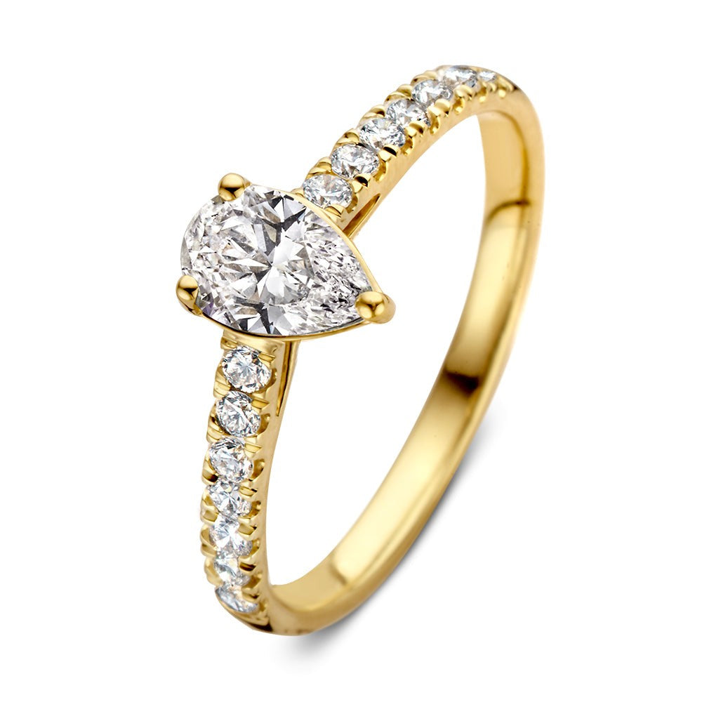 Ring aus 14-karätigem Gelbgold mit einem tropfenförmigen Diamanten und kleinen, runden Diamanten am Band