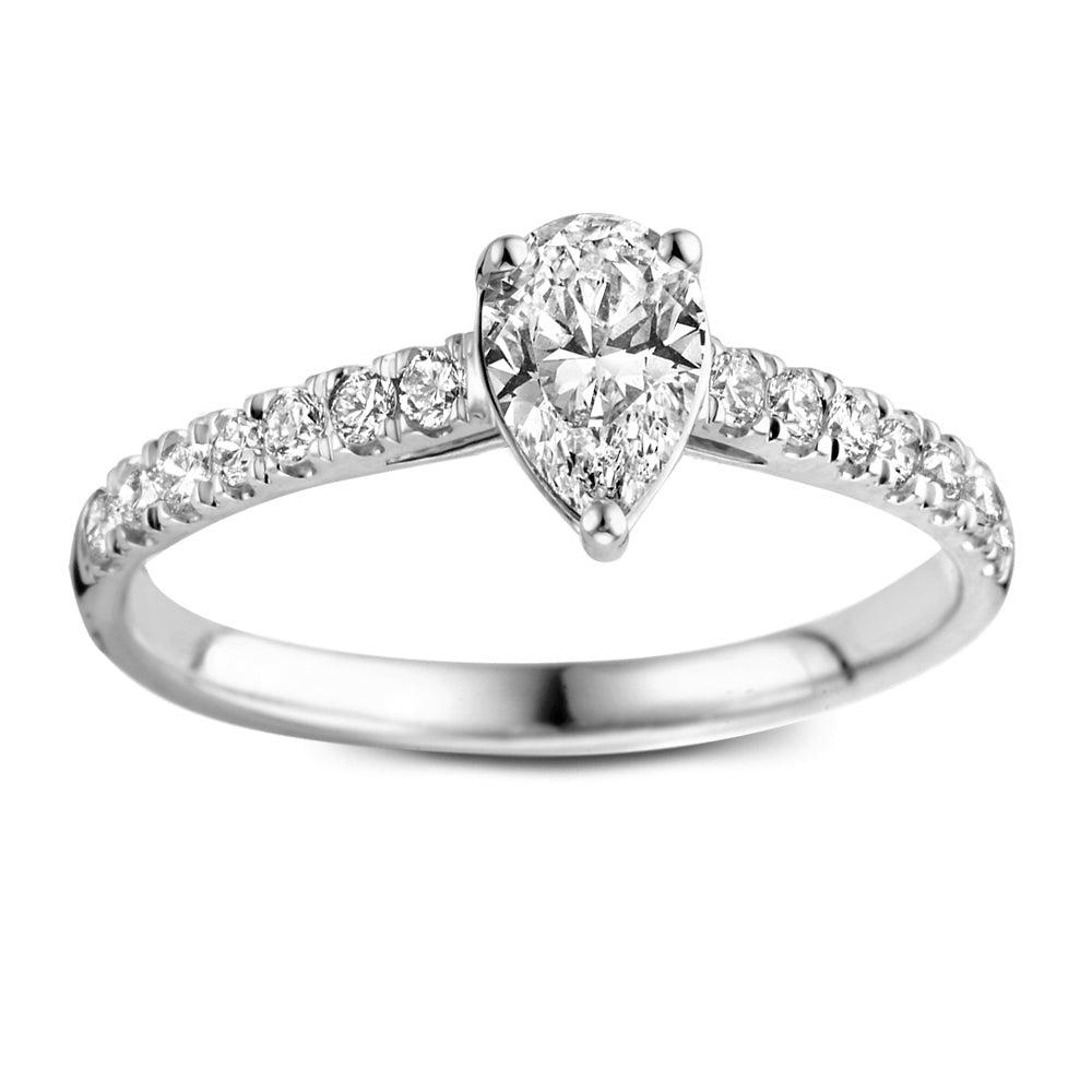 Ring aus Weißgold mit tropfenförmigem Diamanten und kleinen, runden Diamanten am Band