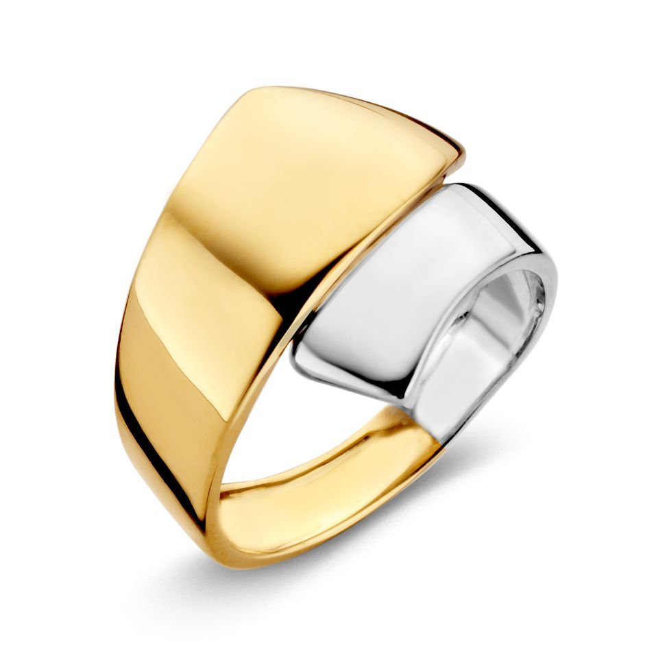 Damenring aus 14 Karat Bicolor mit glänzendem gelbem und weißem Gold in geschwungener Form