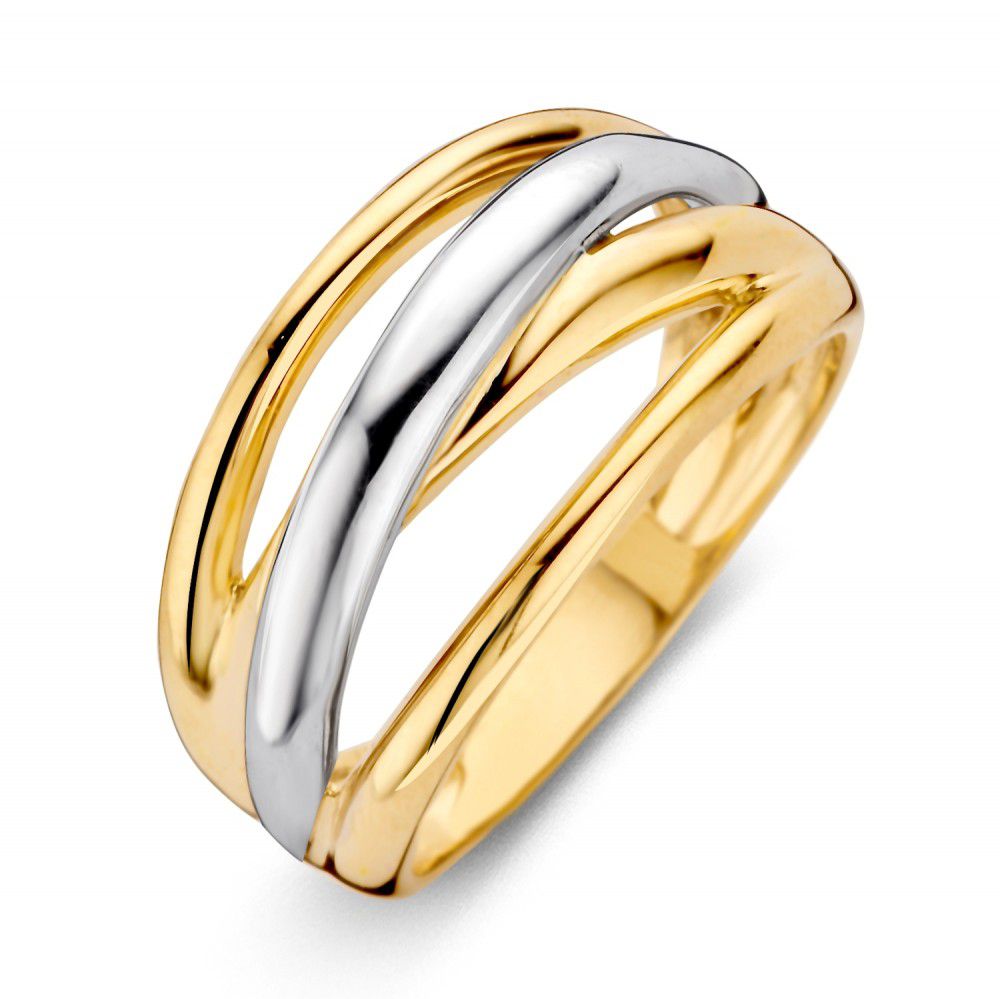 Ring aus 14 Karat Gelbgold und Weißgold mit geschwungenem Design und glänzender Oberfläche