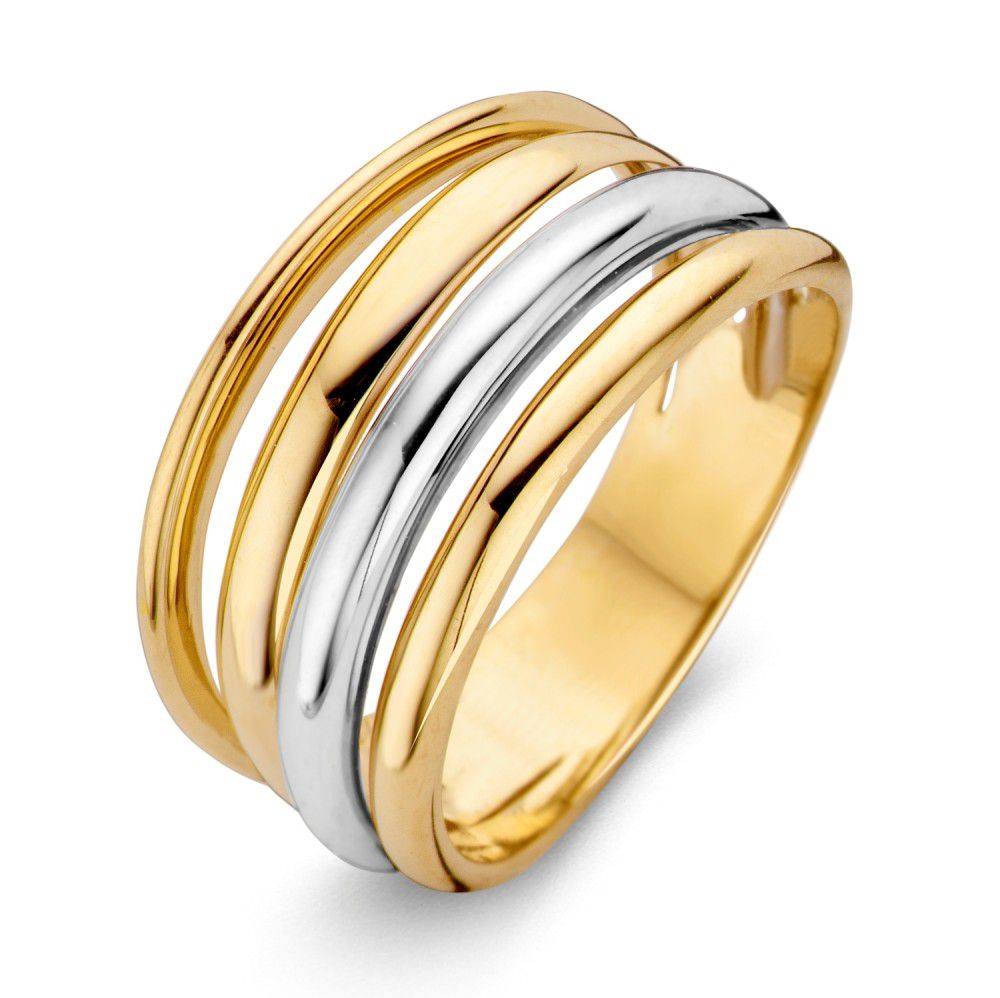 Ring aus 14 Karat Gelb- und Weißgold mit drei schmalen, glänzenden Bändern, 10,4 mm breit