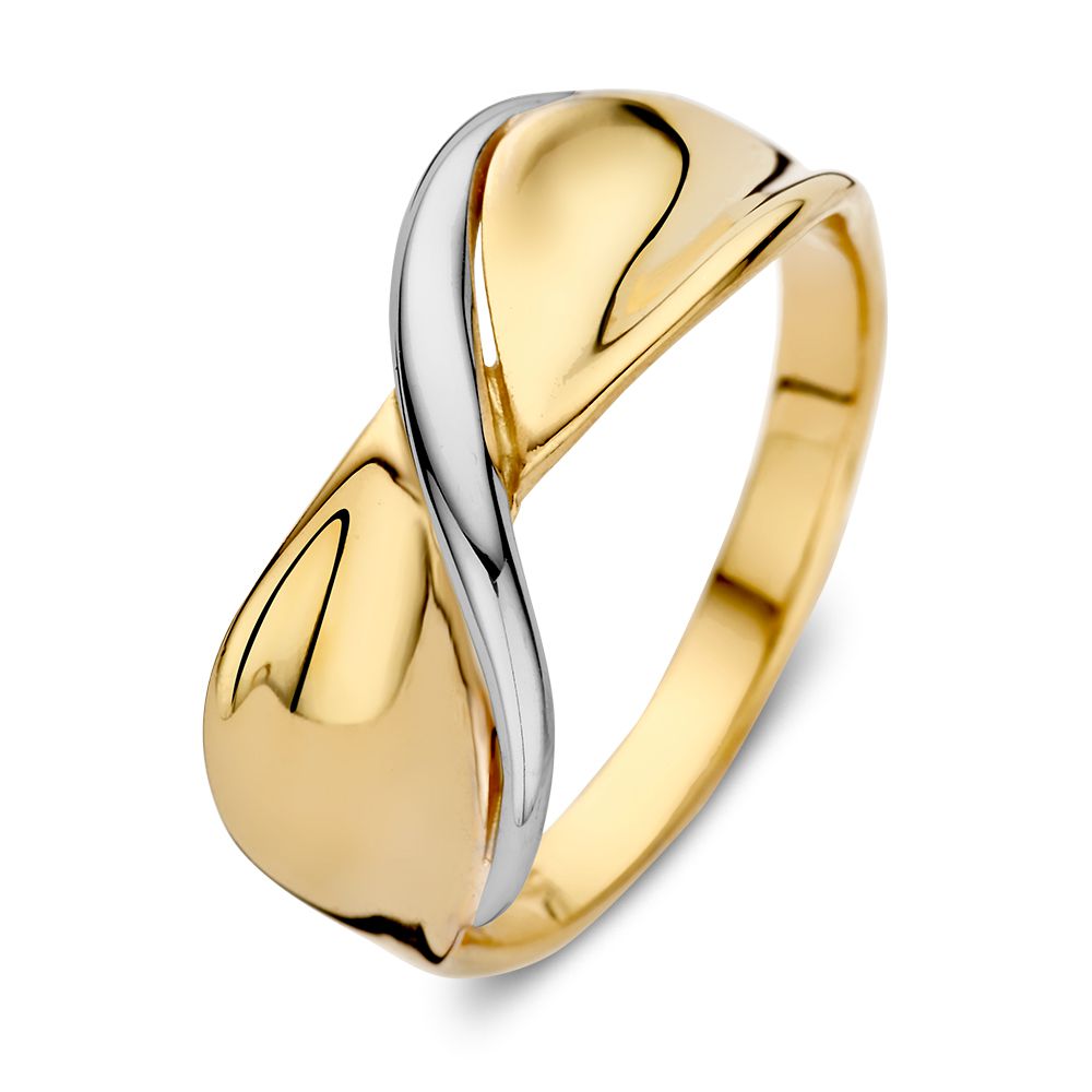 Bicolor Damenring aus 14 Karat Gelbgold und Weißgold mit geschwungener, zeitloser Form