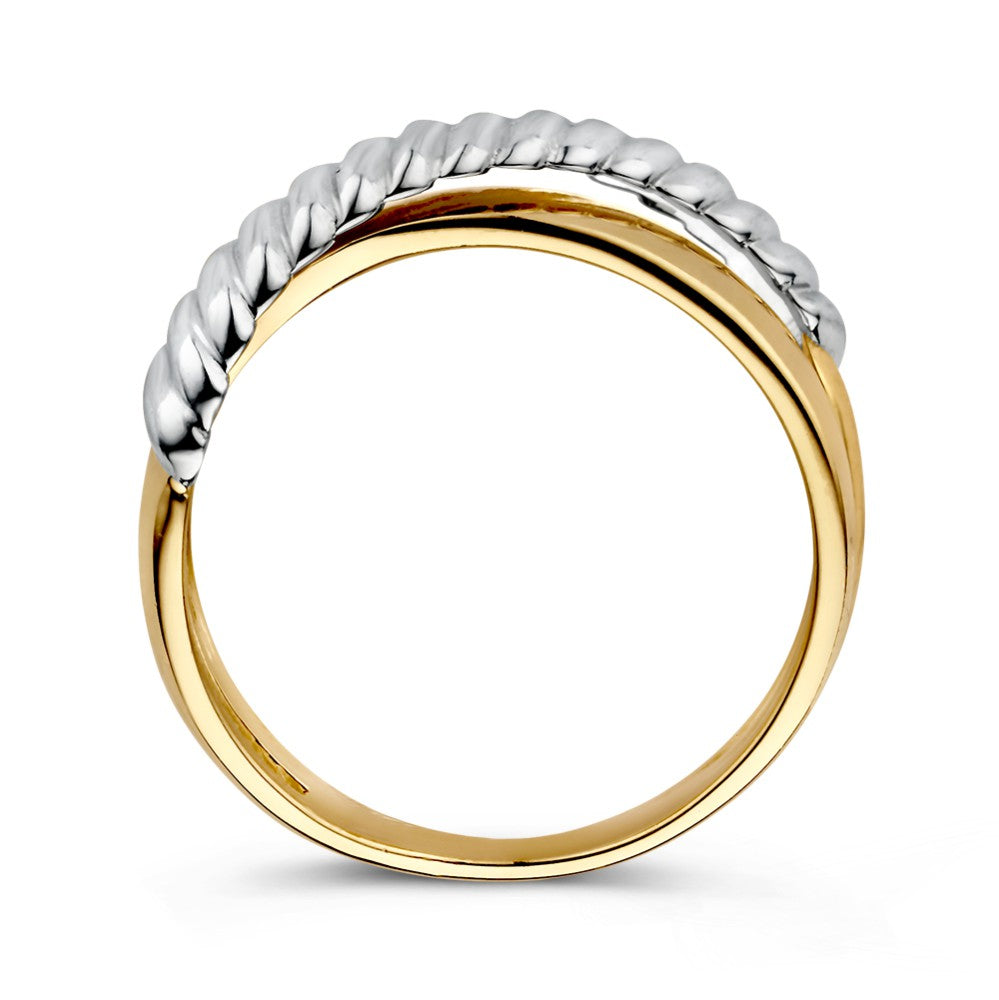 14 Karat Bicolor Weiß- und Gelbgold Crossover Ring – Geriffeltes Design