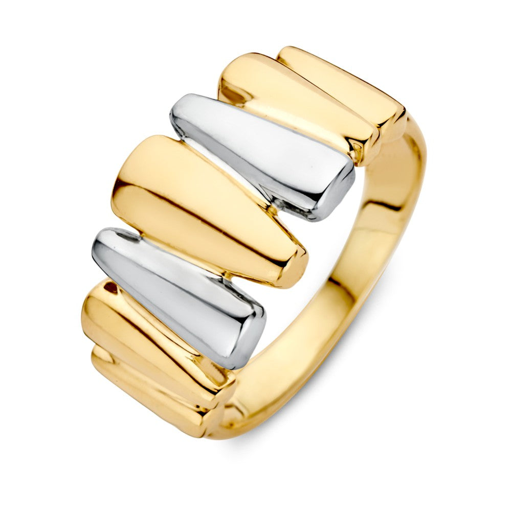 Bicolor Damenring aus 14 Karat Gelb- und Weißgold mit modernen, geschwungenen Elementen