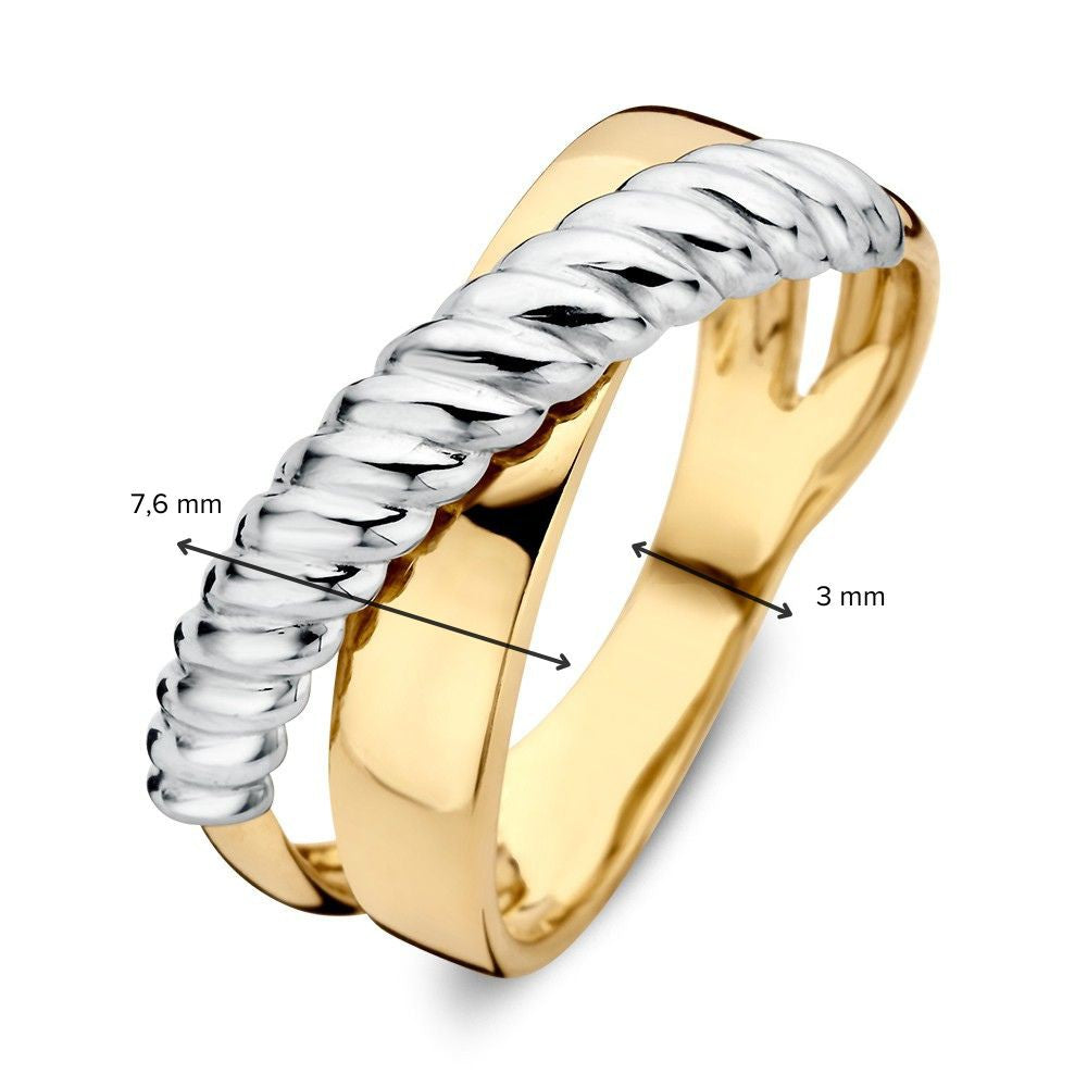14 Karat Bicolor Weiß- und Gelbgold Crossover Ring – Geriffeltes Design