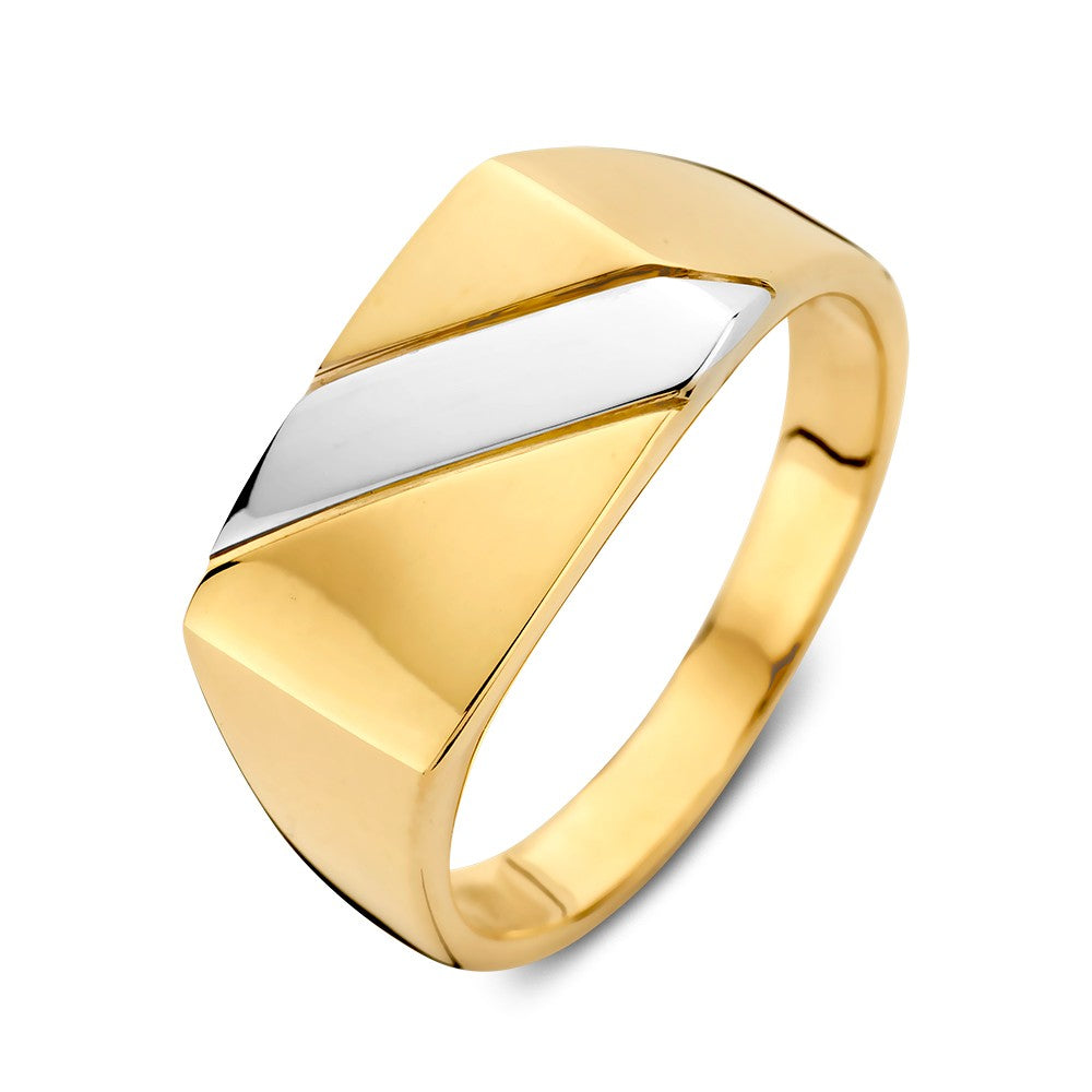 Bicolor Herrenring aus Gelbgold und Weißgold mit geometrischem Design und polierter Oberfläche