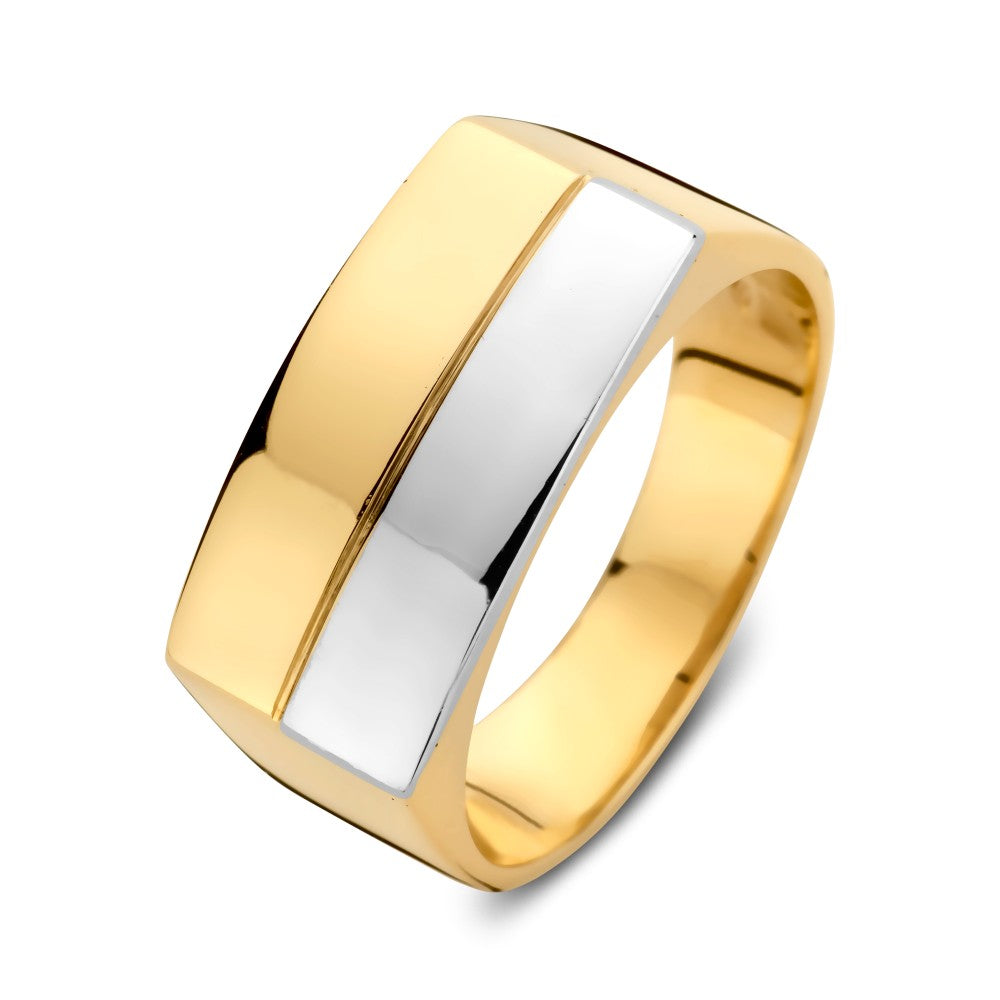 Bicolor Herrenring aus Weiß- und Gelbgold mit breiter, glatter Oberfläche und modernem Design
