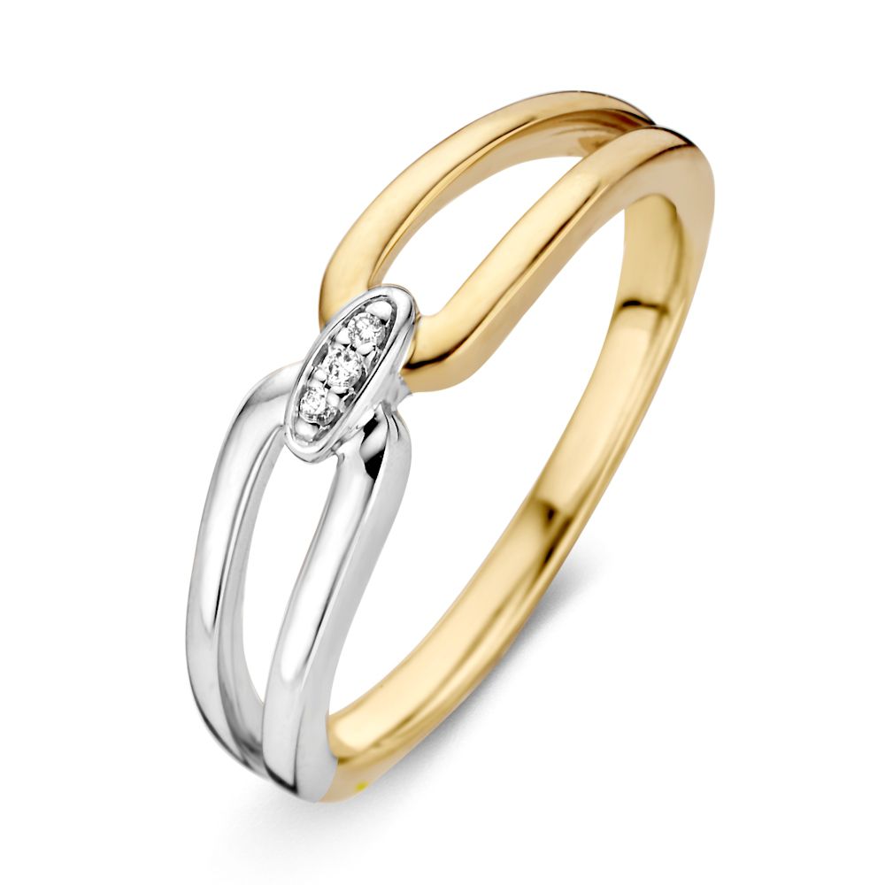 Bicolor Damenring aus 14 Karat Gold mit drei kleinen Diamanten in der Mitte