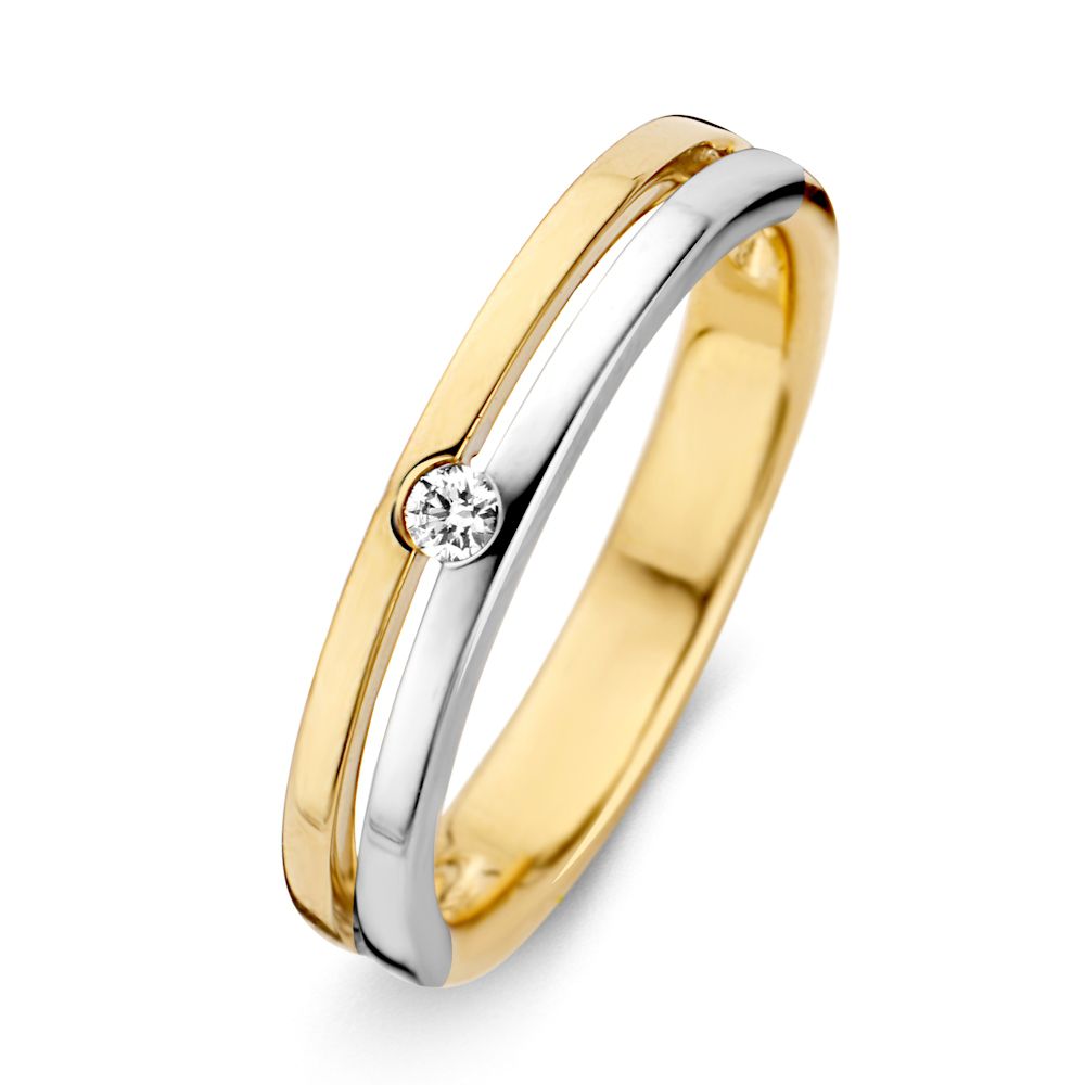Bicolor Damenring aus 14-Karat Gold mit brillantgeschliffenem Diamanten in der Mitte