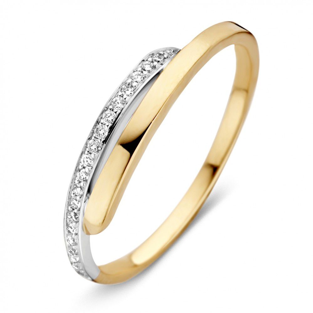 Bicolor Damenring aus 14 Karat Gold mit brillantgeschliffenen Diamanten und glattem, poliertem Finish