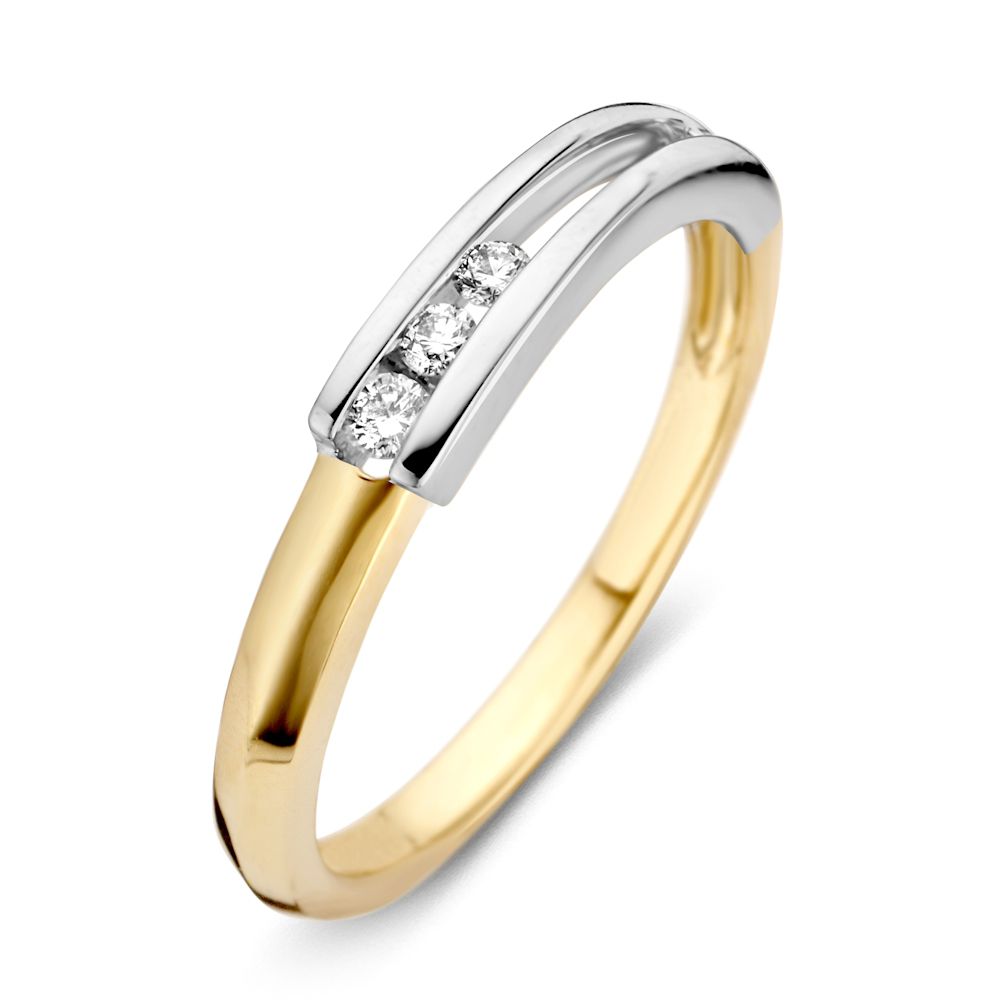 Bicolor Damenring aus 14-Karat Gold mit drei brillantgeschliffenen Diamanten und glattem Design