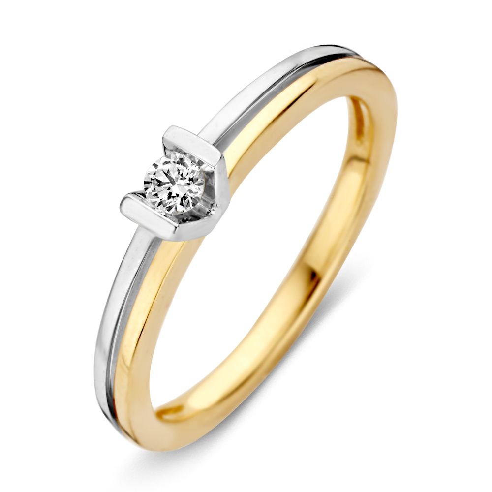 Bicolor Damenring aus 14-Karat Gold mit brillantgeschliffenem Diamanten in der Mitte