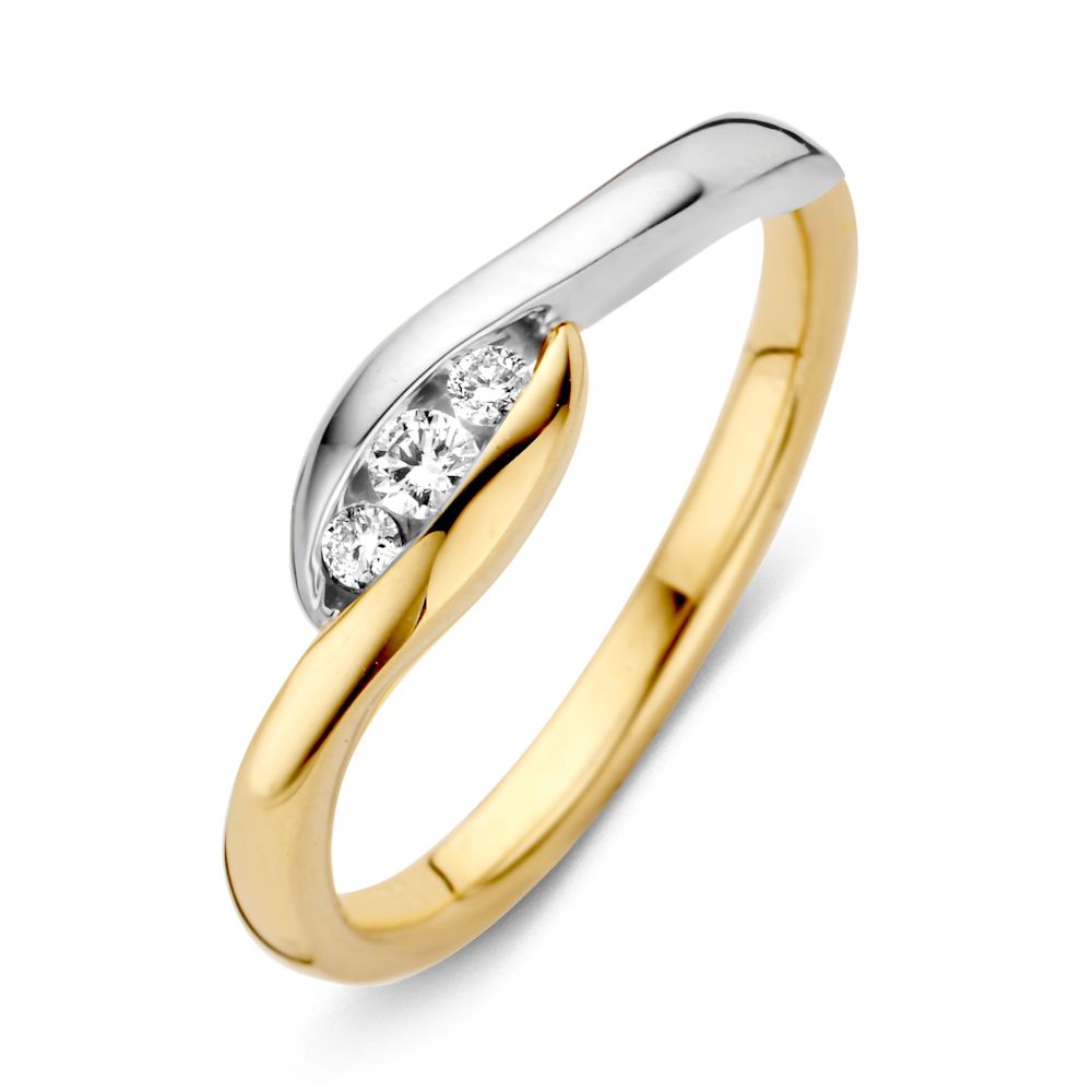 Bicolor Damenring aus 14-Karat Gold mit brillantgeschliffenen Diamanten und geschwungener Form