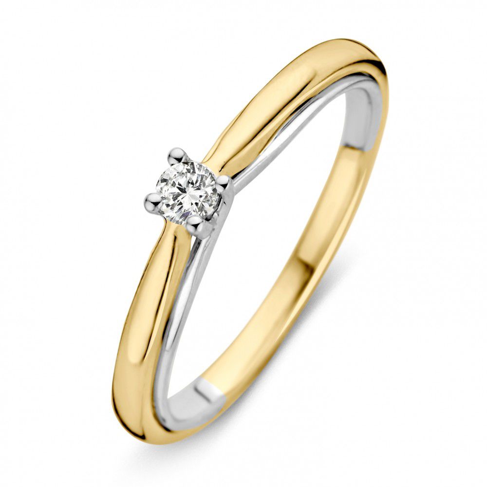 Bicolor Ring aus 14-karätigem Gold mit brillantgeschliffenem Diamanten in der Mitte