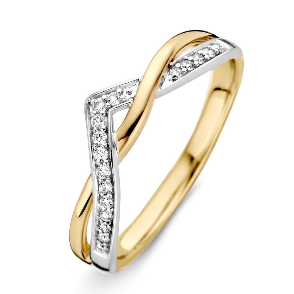 Bicolor Ring mit Brillanten, einer Hälfte in Gold und der anderen in Silber, mit funkelnden Steinen.