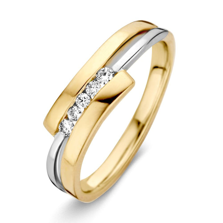 De 14-karaats bicolor gouden ring van Excellent Jewelry heeft een modern ontwerp met een centrale witgouden streep en vijf briljant geslepen diamanten op rij - tijdloze elegantie voor elke gelegenheid.