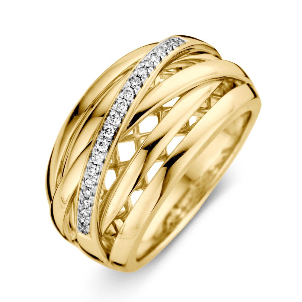 De Stijlvolle bicolor damesring met verfijnde banen en briljant van Excellent Jewelry is een 14 karaats gouden ring met meerdere verweven banen en een rij fonkelende briljanten diagonaal over de bovenkant.