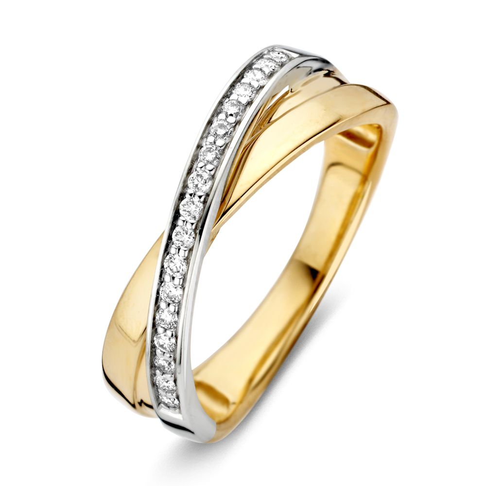 Damenring aus 14K Gelb- und Weißgold mit 0,16 ct Brillantdiamanten in gekreuzter Form