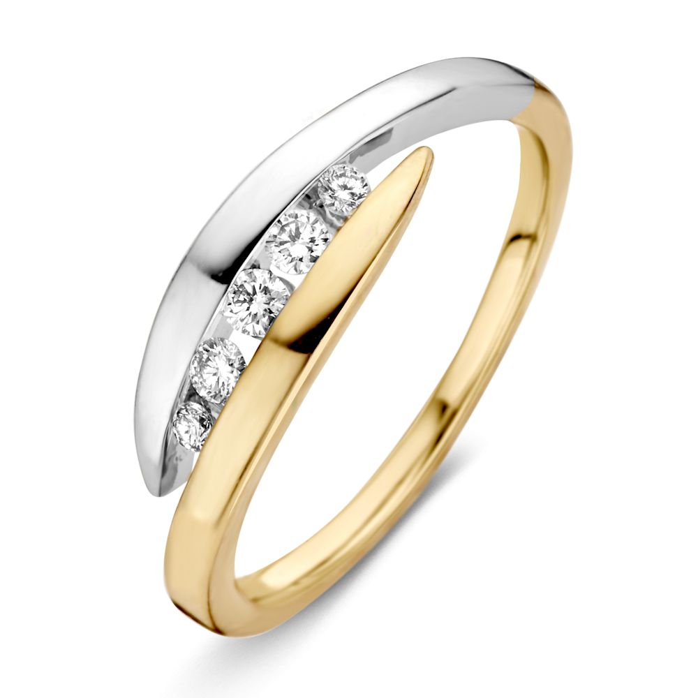 Damenring aus 14K Bicolor Gelb- und Weißgold mit 0,16 ct Brillantdiamanten in einer geschwungenen Form