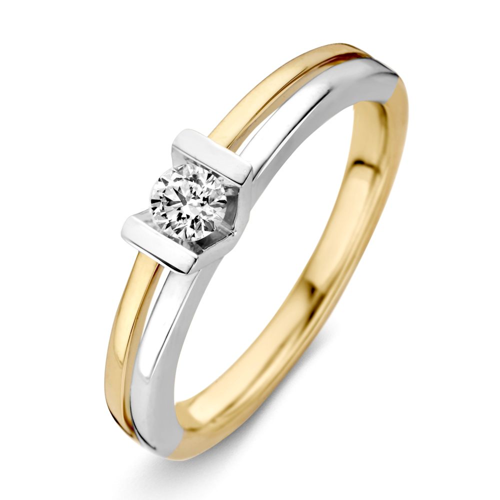 Damenring aus 14K Bicolor Gelb- und Weißgold mit 0,18 ct Brillant-Diamant in der Mitte