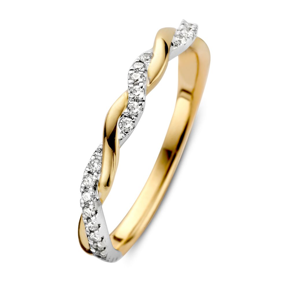 Bicolor Ring mit geflochtenem Design und funkelnden Brillanten, 0,19 ct, aus Gold und Weißgold