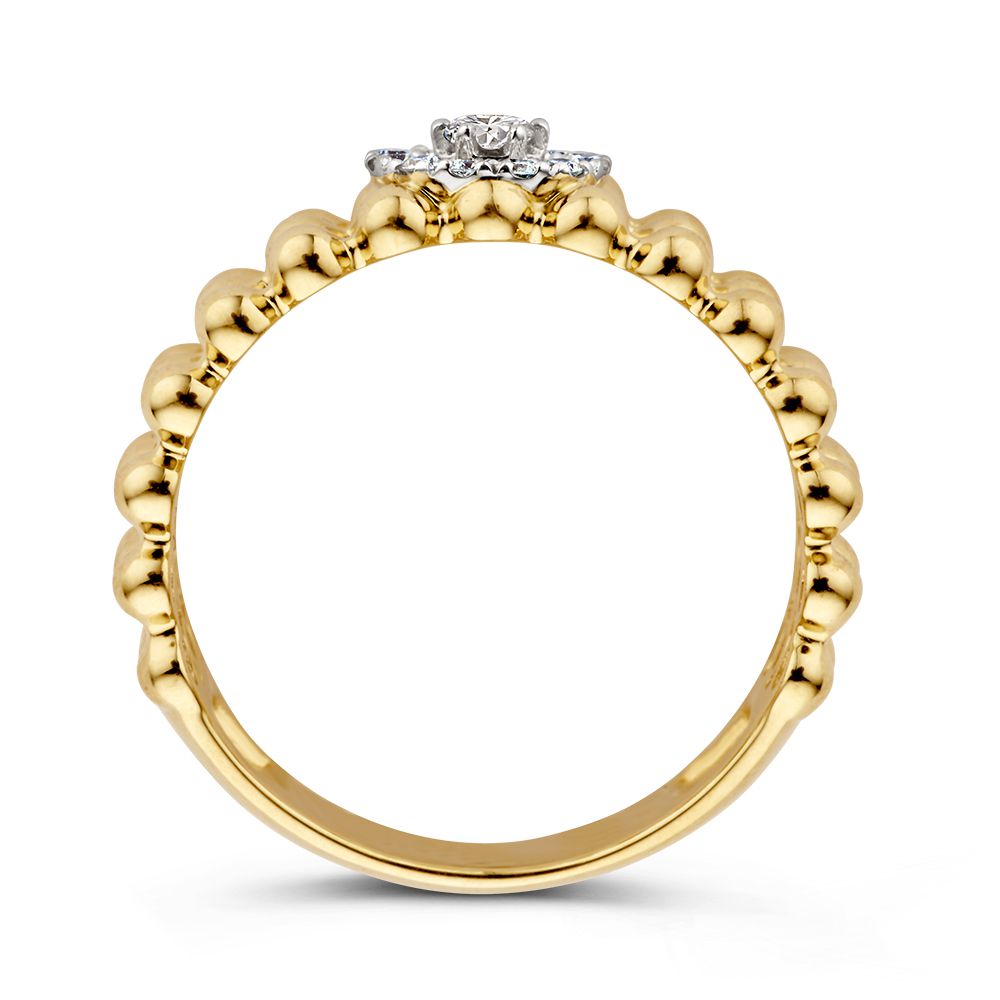 Stilvoller Goldring mit Diamanten und dreifacher Reihe aus Goldkügelchen 0,19 ct.