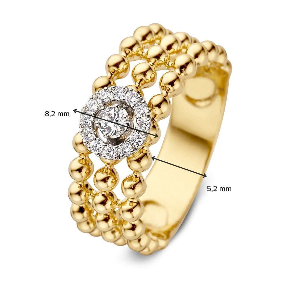 Stilvoller Goldring mit Diamanten und dreifacher Reihe aus Goldkügelchen 0,19 ct.