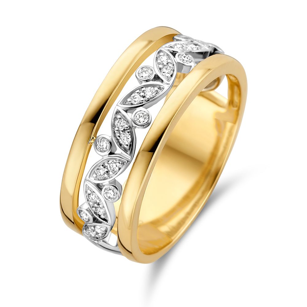 Bicolor Ring aus Gold mit Diamanten, 0,20 Karat, in geschwungener Form und glänzender Oberfläche