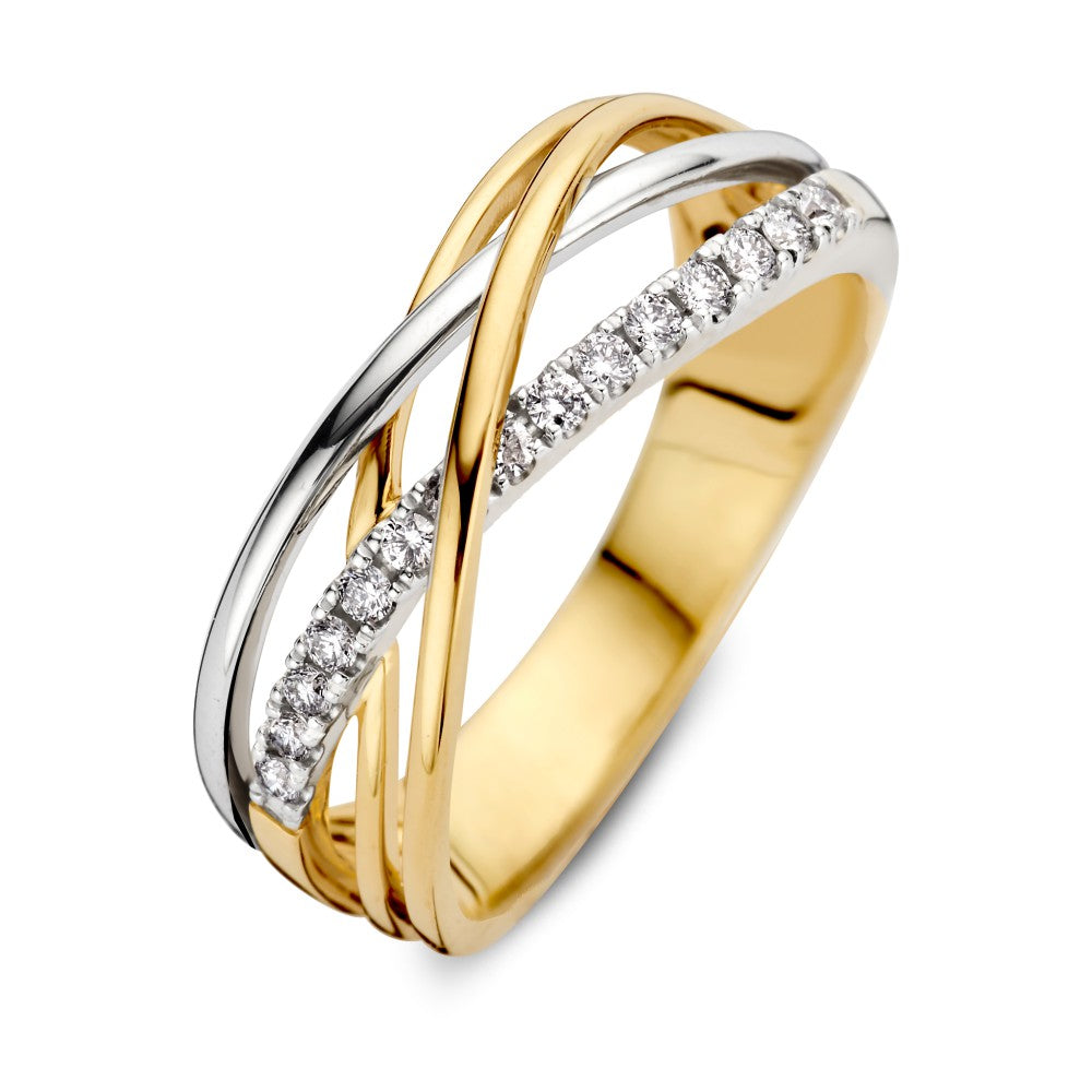 Bicolor Ring aus Weiß- und Gelbgold mit Diamanten, 0,20 Karat, geschwungene Form