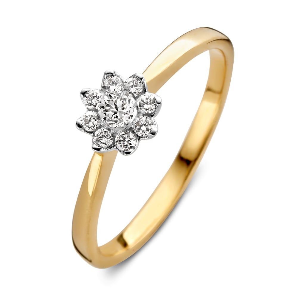Bicolor Ring aus Gold mit Brillanten, blütenförmiger Kopf mit sieben Diamanten