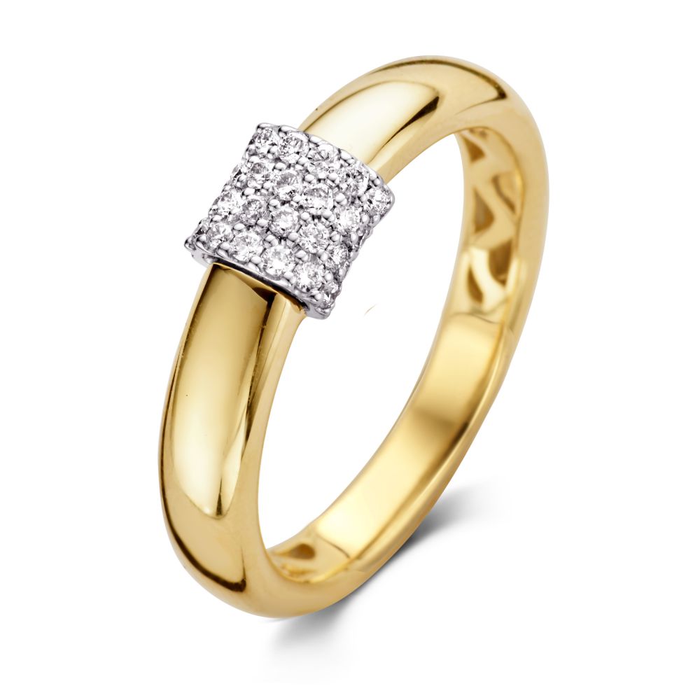 Bicolor Damenring aus Gold mit diamantbesetztem, quadratischem Element und glattem, poliertem Band