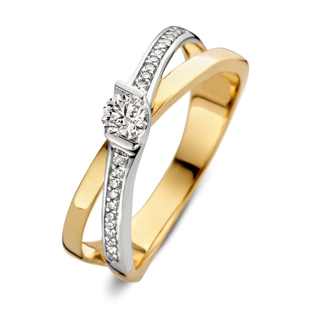 Bicolor Ring aus Gelb- und Weißgold mit einem Brillanten und 22 kleinen Diamanten