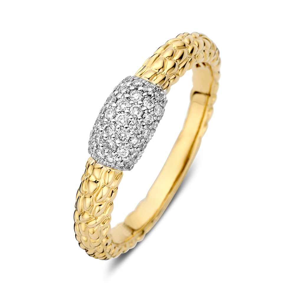 Bicolor Ring aus Gold mit brillantbesetztem, ovalem Zierelement und strukturiertem Band