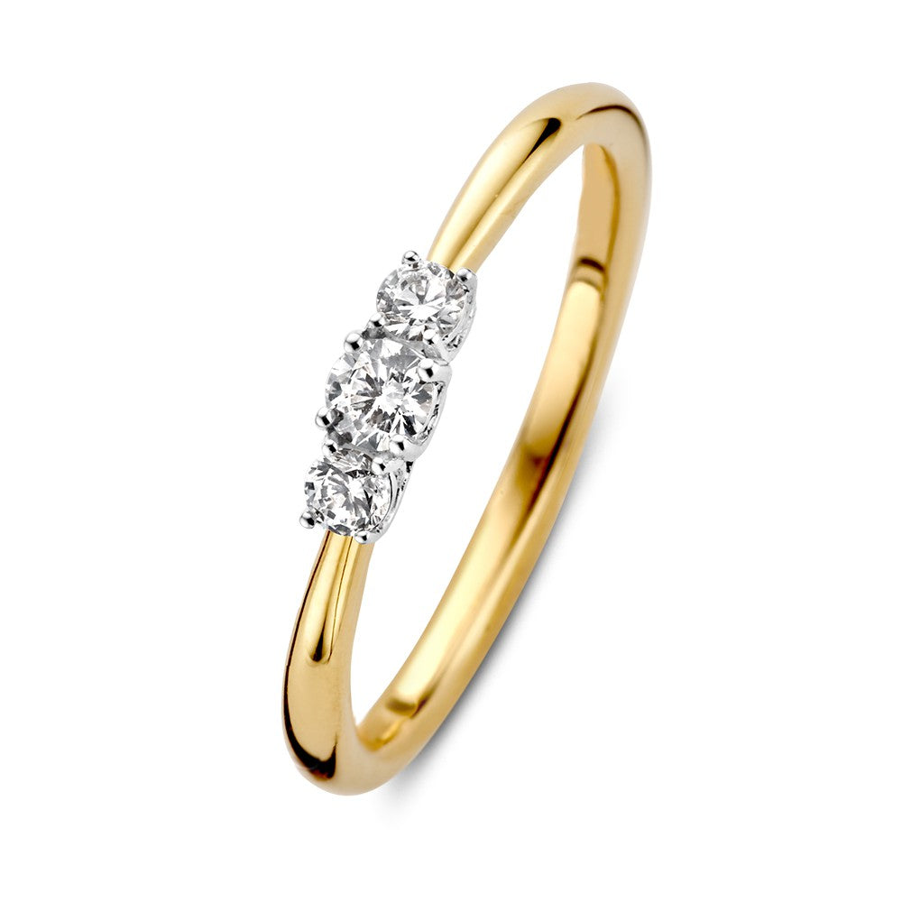 Bicolor Ring aus Gold mit drei Diamanten, insgesamt 0,24 ct, und glattem, poliertem Band
