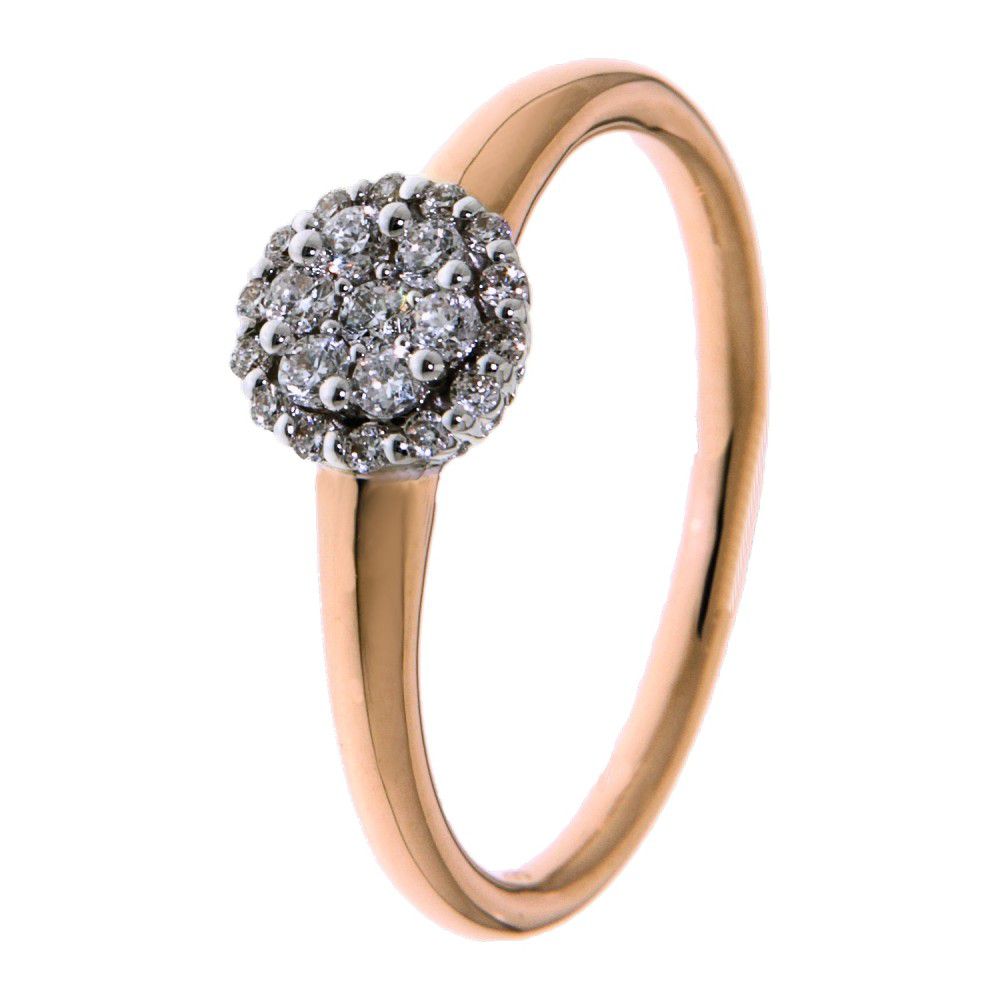 Bicolor Ring aus Weiß- und Roségold mit 0,25 Karat Brillant, runde Blütenform mit funkelnden Steinen