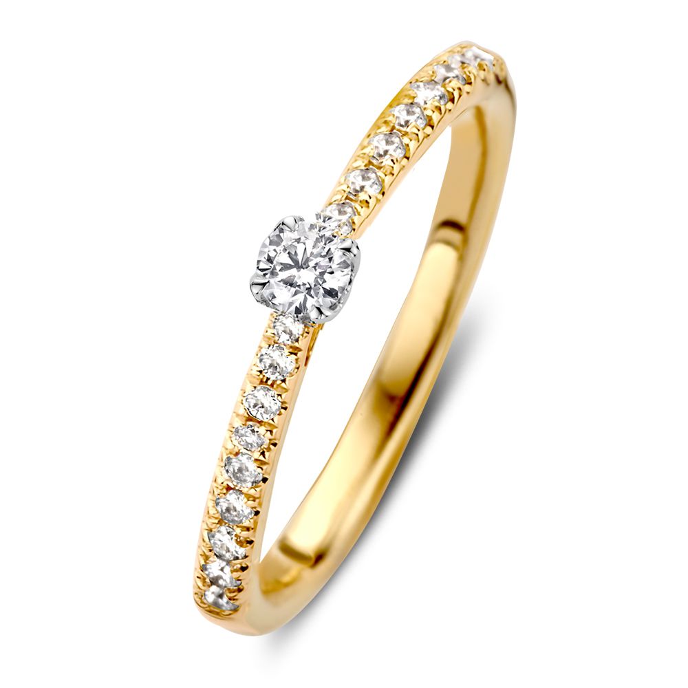 Eleganter Solitärring aus Weißgold mit einem zentralen Diamanten und kleinen Diamanten am Ringband