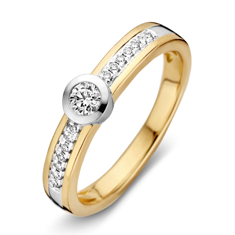 Bicolor Ring aus Gold mit einem weißen Diamanten und weiteren kleinen Diamanten im Band