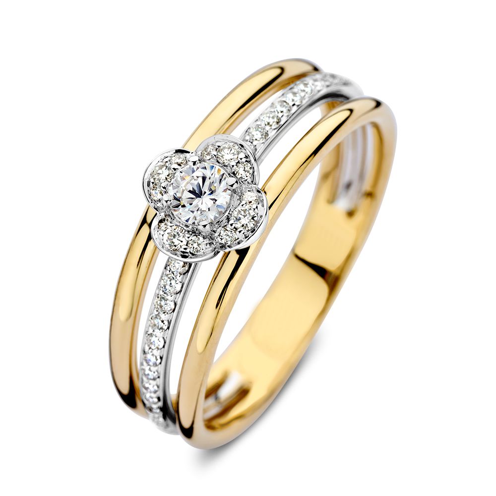 Bicolor Damenring aus 14 Karat Gelb- und Weißgold mit Diamanten und blütenförmiger Fassung