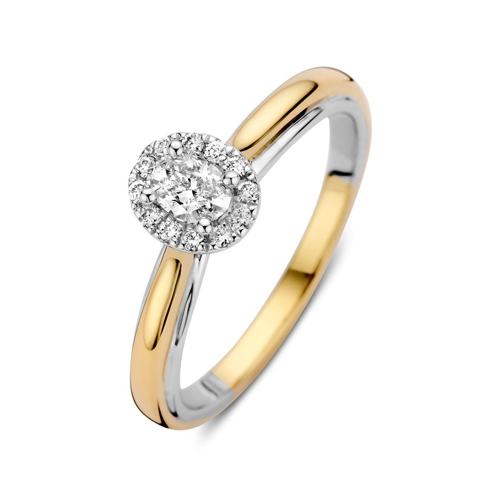 Ring aus 14 Karat Bicolor-Gold mit ovalem Diamantzentrum in Pavéfassung