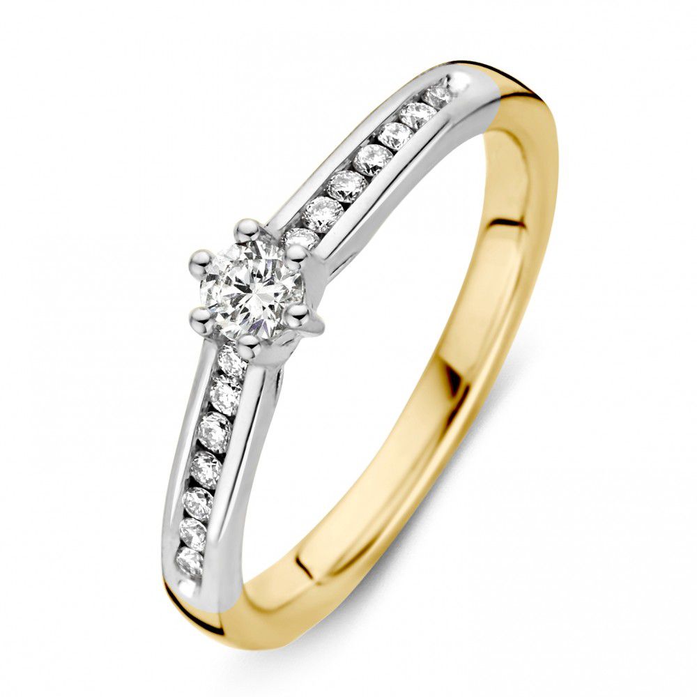 Bicolor Damenring aus 14 Karat Gelb- und Weißgold mit einem Brillanten von 0,30 ct und kleinen Zirkonia