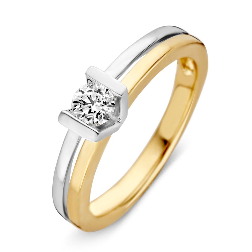 Bicolor Damenring aus 14 Karat Gelb- und Weißgold mit 0,30 ct Diamant und modernem Design