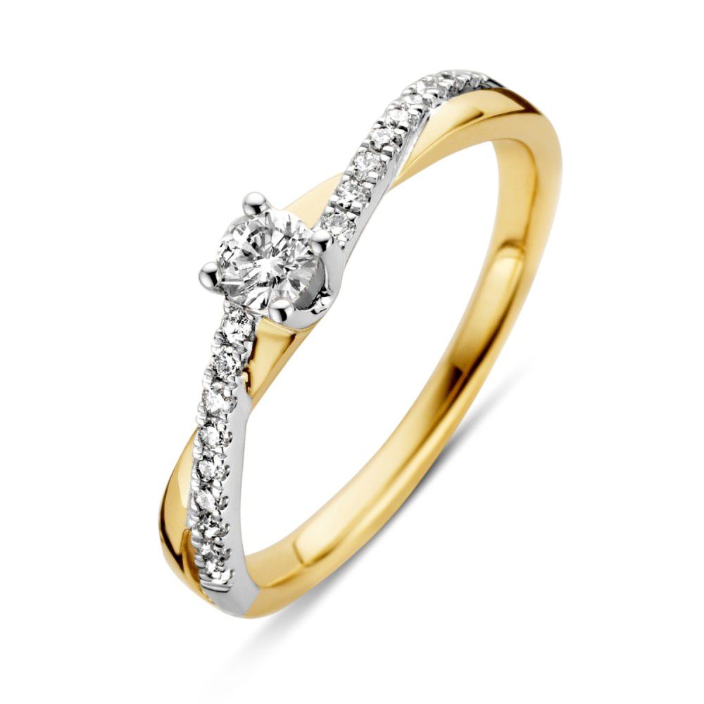 Bicolor Ring aus Gelb- und Weißgold mit Brillant-Diamant und kleinen, funkelnden Steinen