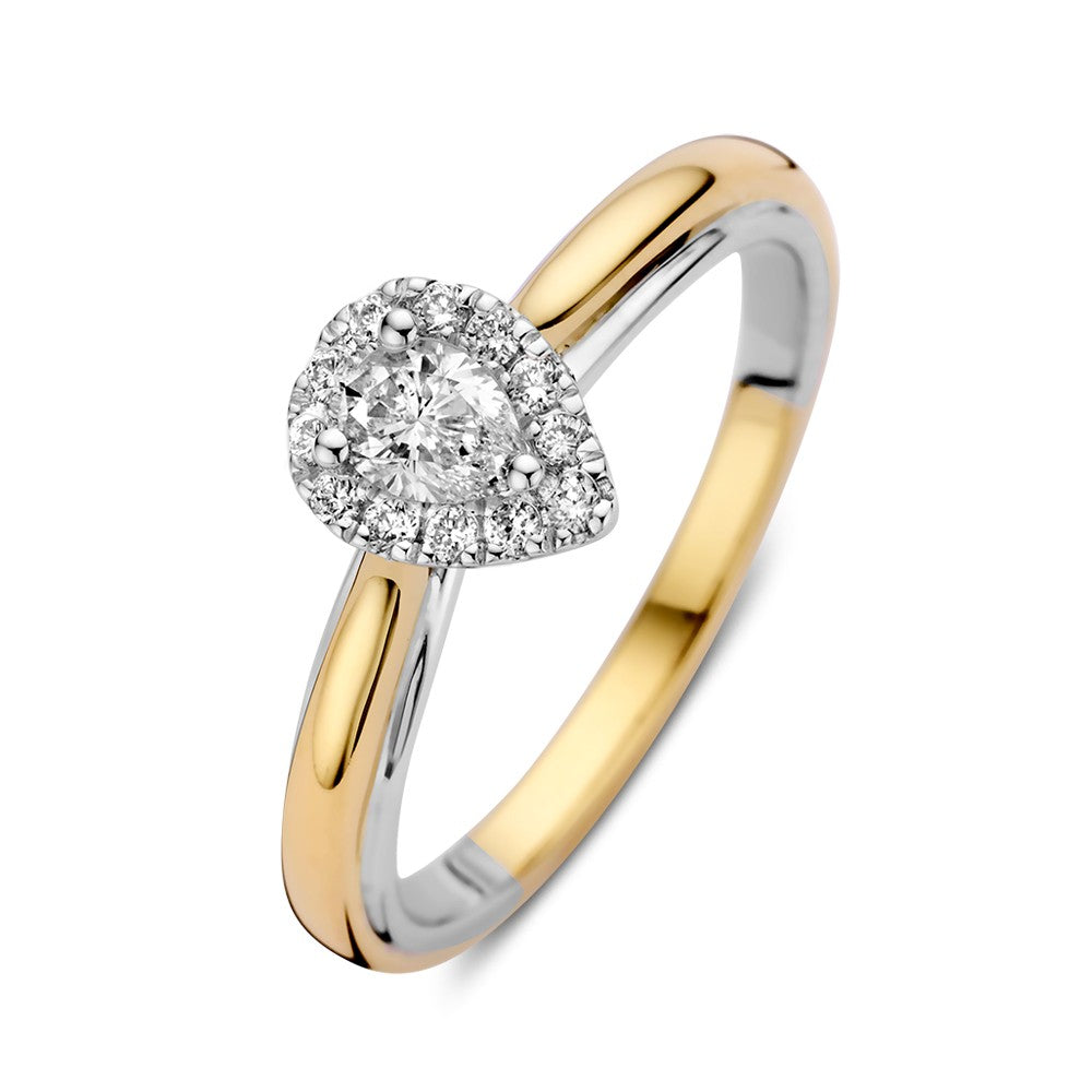 Bicolor Goldring aus 14k mit herzförmigem Diamanten in Pavéfassung