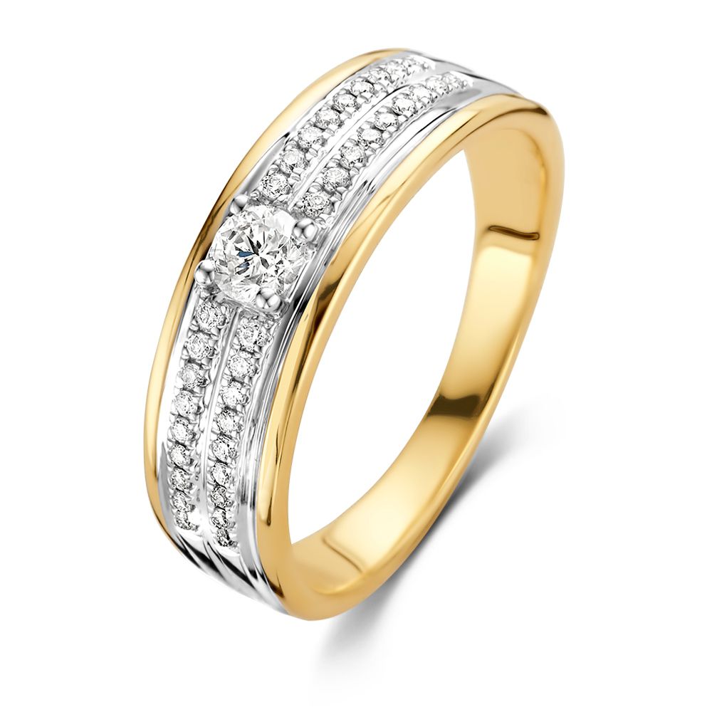 Bicolor Goldring mit brillantem Diamantzentrum 0,34 ct und funkelnden Zirkonia entlang der Fassung